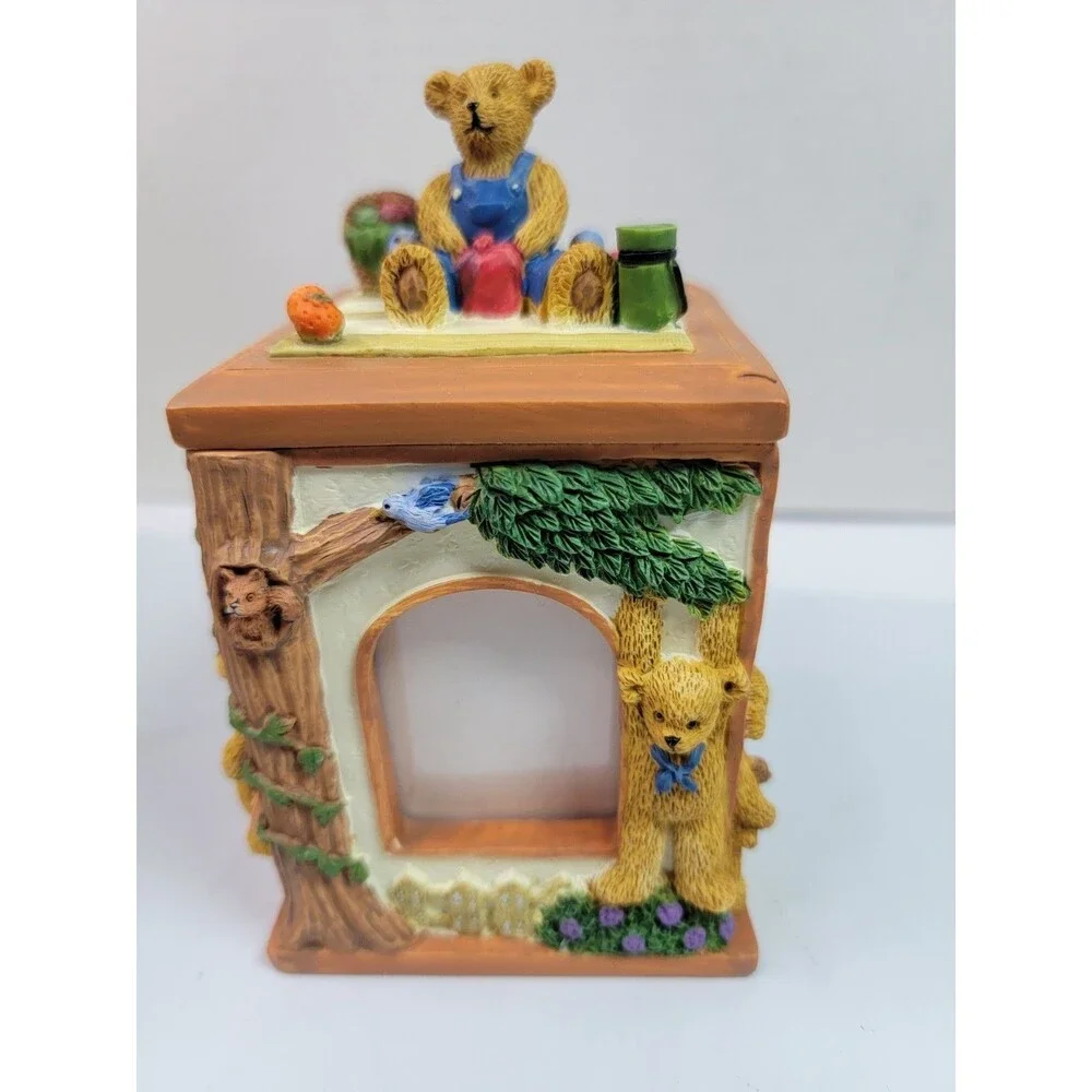 Vintage MK Enterprise Teddy Bear Glass Photo Frame Box Country House Japan